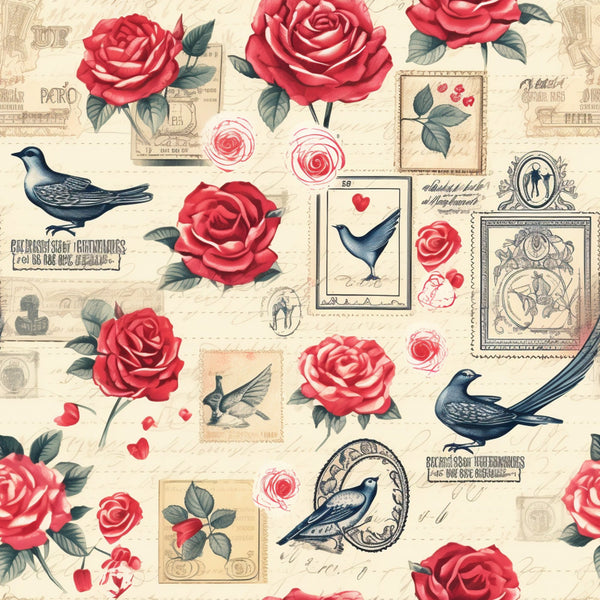 cream background, red roses, pink roses, vintage birds, postage stamps, romantic florals, antique style, love theme,, fabric panel, dusty blue birds, rose petals, postal elements, shabby chic, victorian inspired, floral motifs, vintage ephemera, cottage core, romantic pattern, botanical design