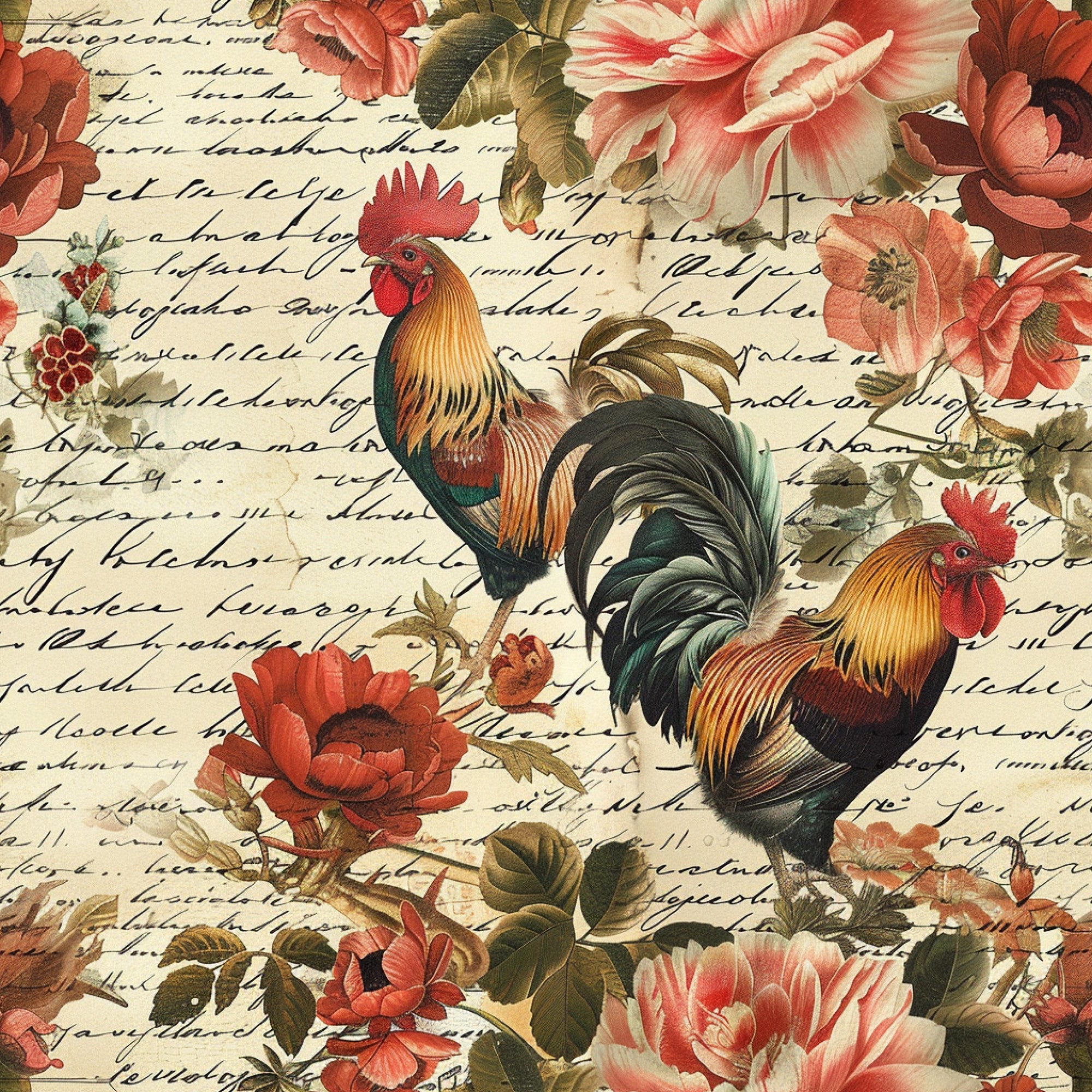 roosters, chickens, coral flowers, pink blooms, vintage script, handwritten text, cream background, farm animals, floral motifs,, fabric panel, botanical elements, red combs, feathered tails, country style, rustic charm, coral pink, golden yellow, sage green, vintage aesthetic