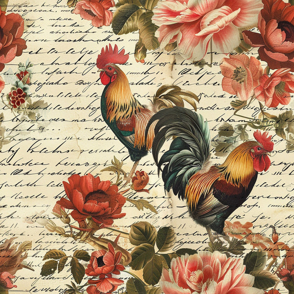 roosters, chickens, coral flowers, pink blooms, vintage script, handwritten text, cream background, farm animals, floral motifs,, fabric panel, botanical elements, red combs, feathered tails, country style, rustic charm, coral pink, golden yellow, sage green, vintage aesthetic