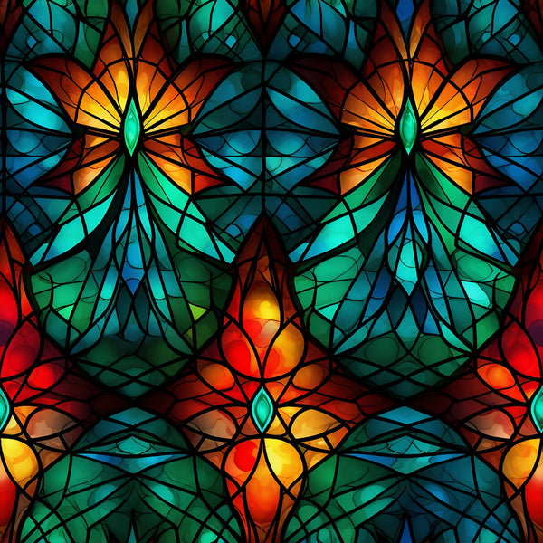 stained glass, christmas pattern,, fabric panel, geometric design, kaleidoscope pattern, vibrant colors, teal, emerald green, orange, red, yellow, blue, symmetrical design, radial pattern, mosaic effect, holiday fabric, ornamental design, jewel tones, decorative motifs