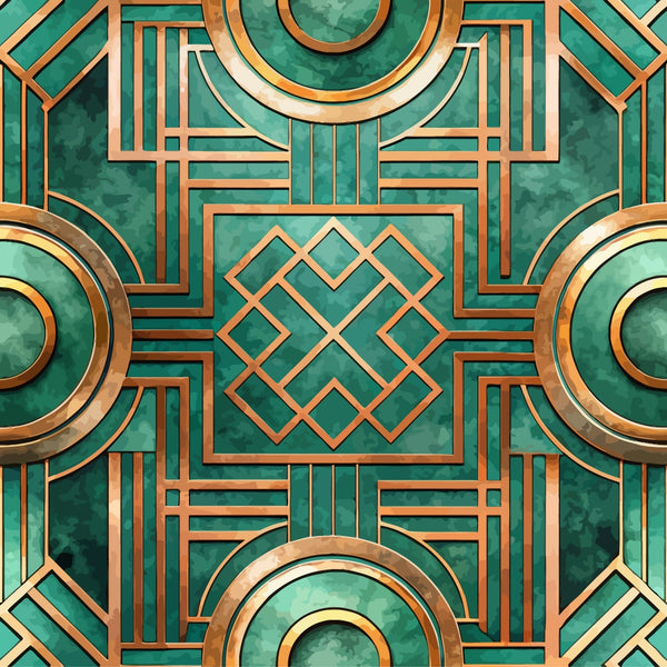 emerald green, copper gold, art deco, geometric pattern, concentric circles, diamond motifs, metallic accents, luxurious design, symmetrical layout,, fabric panel, vintage style, ornate details, architectural elements, jewel tones, sophisticated pattern, decorative borders, repeating motifs, elegant design