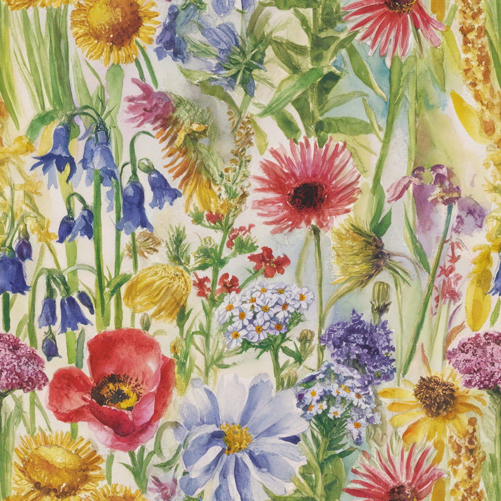 wildflower, botanical, floral pattern, watercolor style, sunflowers, poppies, bluebells, daisies, meadow flowers,, fabric panel, yellow blooms, red flowers, blue blossoms, purple petals, green stems, garden scene, nature motif, spring flowers, artistic rendering