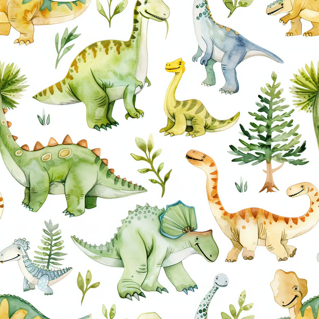 watercolor dinosaurs, green dinosaurs, yellow dinosaurs, orange dinosaurs, blue dinosaurs, prehistoric animals, long neck dinosaurs, spiky dinosaurs, t-rex, stegosaurus, tropical plants, fern leaves, palm fronds, children's fabric, nursery theme,, fabric panel, whimsical illustration, soft pastels, jungle foliage