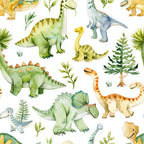 watercolor dinosaurs, green dinosaurs, yellow dinosaurs, orange dinosaurs, blue dinosaurs, prehistoric animals, long neck dinosaurs, spiky dinosaurs, t-rex, stegosaurus, tropical plants, fern leaves, palm fronds, children's fabric, nursery theme,, fabric panel, whimsical illustration, soft pastels, jungle foliage