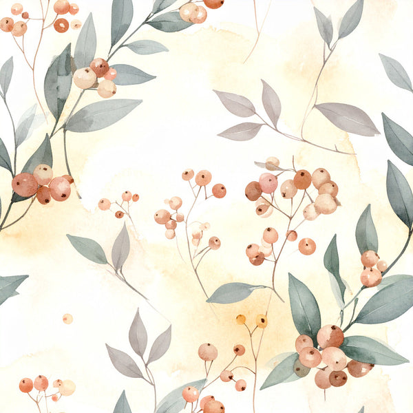 sage green, dusty rose, coral pink, peachy tan, cream, soft gray, muted tones, watercolor berries, botanical, floral, nature-inspired, delicate, whimsical, elegant, vintage, rustic, autumn, fall harvest, berries and leaves, botanical prints, cottagecore, farmhouse, soft aesthetic, calming, gentle, feminine, baby shower, nursery, kids room, playroom