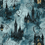 teal blue, dark teal, slate gray, charcoal black, golden yellow, gothic castle, haunted mansion, ornate flourishes, vintage scroll, decorative vines, twisted branches, hanging lanterns, illuminated windows, dark academia, gothic fantasy, whimsical dark, elegant spooky, Victorian gothic, fairytale, storybook, castle towers, architectural details, ornamental ironwork, moody atmospheric, mysterious, enchanted, fantasy realm, dark romance, halloween, goth aesthetic