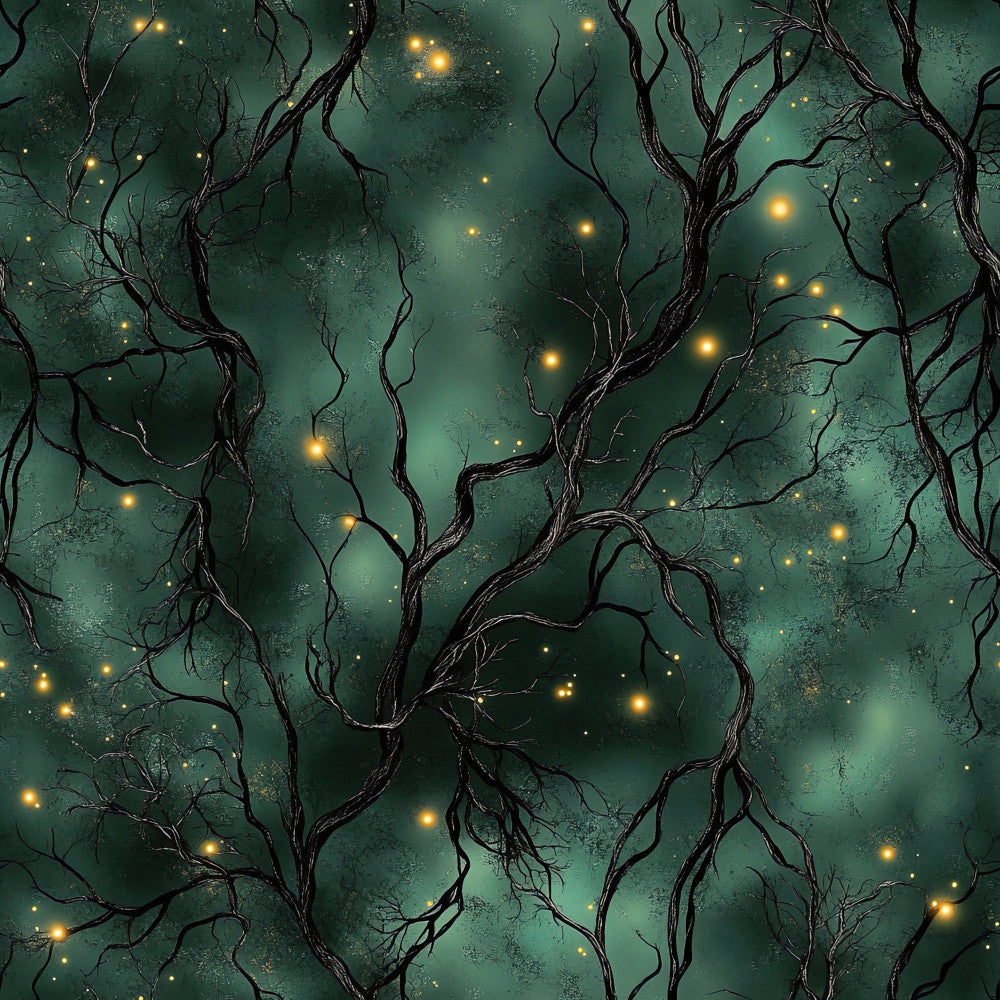 forest green, teal, dark green, golden yellow, glowing lights, bare branches, tree branches, nature, celestial, magical, whimsical, enchanted forest, nighttime, starry, mystical, elegant, moody, dark academia, fantasy, woodland, ethereal, sparkly, luminous, glow-in-the-dark aesthetic, minky blanket, nursery, cozy throw, plush bedding, winter, twilight