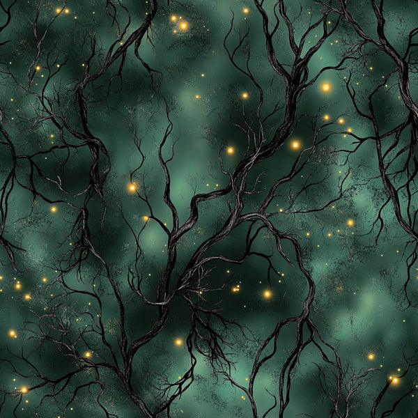 forest green, teal, dark green, golden yellow, glowing lights, bare branches, tree branches, nature, celestial, magical, whimsical, enchanted forest, nighttime, starry, mystical, elegant, moody, dark academia, fantasy, woodland, ethereal, sparkly, luminous, glow-in-the-dark aesthetic, minky blanket, nursery, cozy throw, plush bedding, winter, twilight