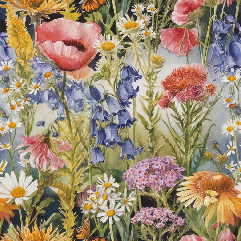 wildflower meadow, botanical illustration, coral poppies, blue bluebells, white daisies, purple asters, orange echinacea, monarch butterflies, watercolor style, garden flowers,, fabric panel, spring blooms, nature pattern, floral design, mixed wildflowers, realistic florals, meadow scene