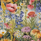 wildflower meadow, botanical illustration, coral poppies, blue bluebells, white daisies, purple asters, orange echinacea, monarch butterflies, watercolor style, garden flowers,, fabric panel, spring blooms, nature pattern, floral design, mixed wildflowers, realistic florals, meadow scene
