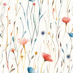 coral pink, teal blue, yellow orange, wildflowers, meadow flowers, botanical pattern, hand drawn illustration, delicate stems, poppy flowers, daisy blooms, grass stems, seed pods, watercolor style, whimsical design,, fabric panel, spring meadow, floral motifs, nature inspired, soft pastels