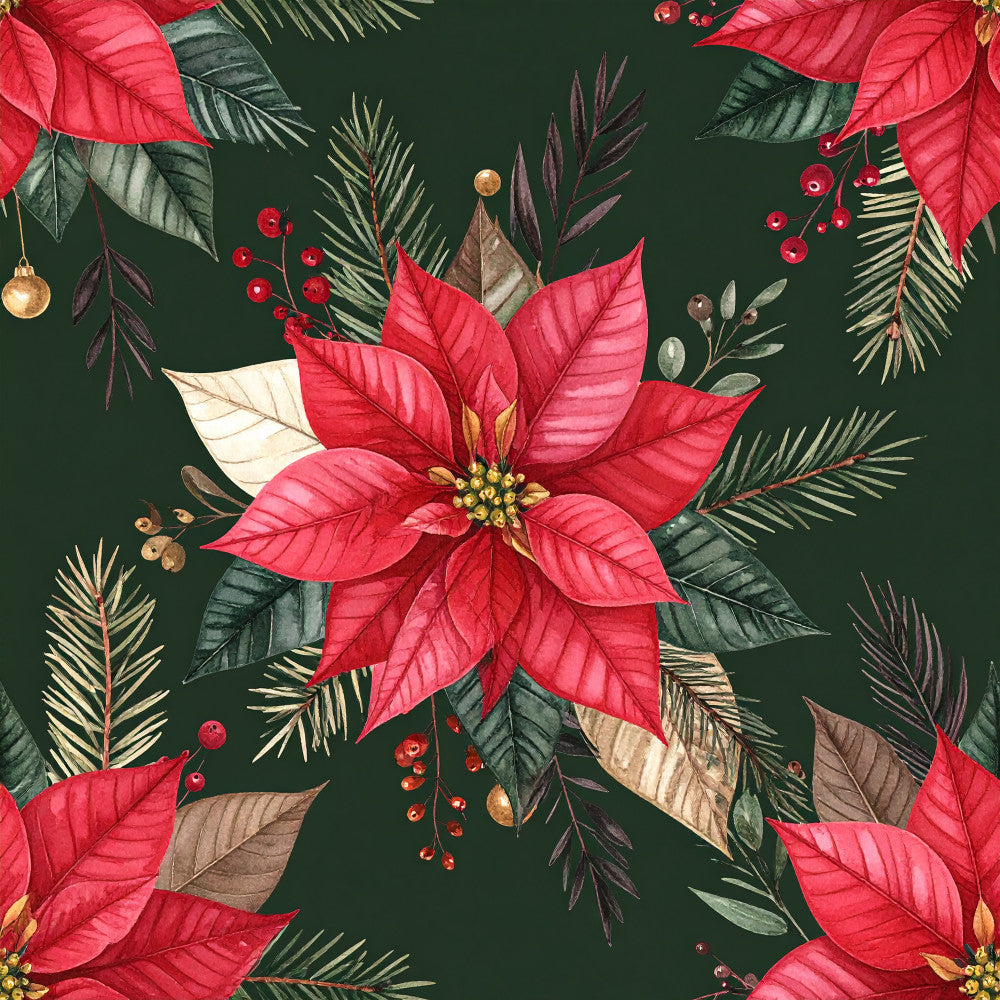 crimson red, forest green, deep green, gold accents, poinsettia, holiday floral, christmas, festive, botanical, nature, evergreen branches, berries, ornaments, elegant, traditional, winter, seasonal, red flowers, pinecones, decorative leaves, botanical illustration, vintage style, classic christmas, festive decor, natural elements, jewel tones, rich colors, holiday botanical, seasonal flowers