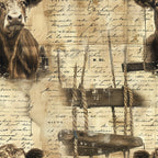 farm animals, cow, vintage style, sepia tones, brown, beige, tan, cream, handwritten text, rope, wooden barrel, rustic, country theme,, fabric panel, aged paper, barnyard, livestock, pastoral scene, antique finish, farming equipment