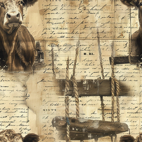 farm animals, cow, vintage style, sepia tones, brown, beige, tan, cream, handwritten text, rope, wooden barrel, rustic, country theme,, fabric panel, aged paper, barnyard, livestock, pastoral scene, antique finish, farming equipment