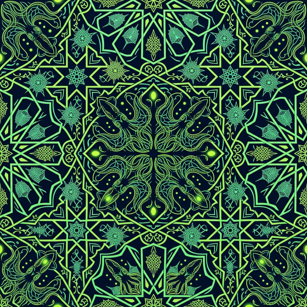 neon green, lime green, navy blue, dark navy, glow in the dark, geometric, mandala, ornamental, islamic pattern, symmetrical, celestial, stars, paisley, baroque, intricate, bohemian, modern, elegant, mystical, ornate, decorative, traditional, psychedelic, alien, cosmic, nature, botanical, thistle motif, arabian nights, moroccan style