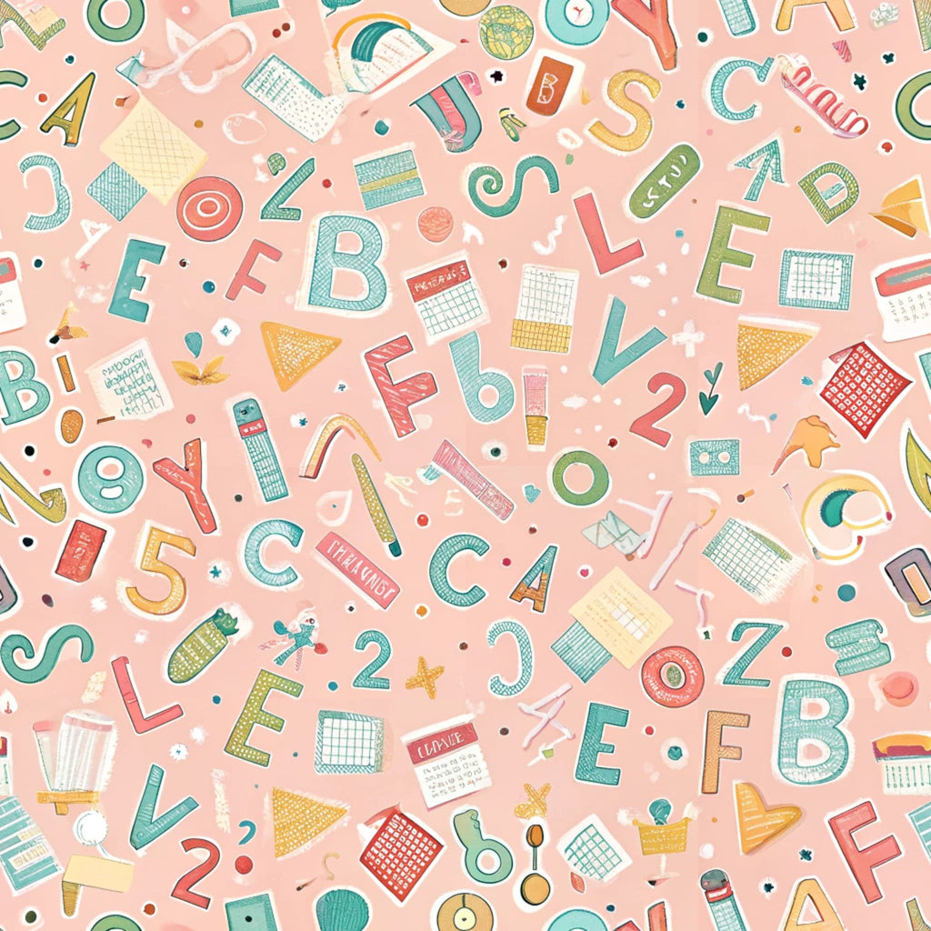 coral pink background, alphabet letters, numbers, school supplies, geometric shapes, calculators, rulers, protractors, grid patterns, textured letters, educational theme, back to school, scattered design, teal accents, yellow highlights, red details, green elements,, fabric panel, learning motifs