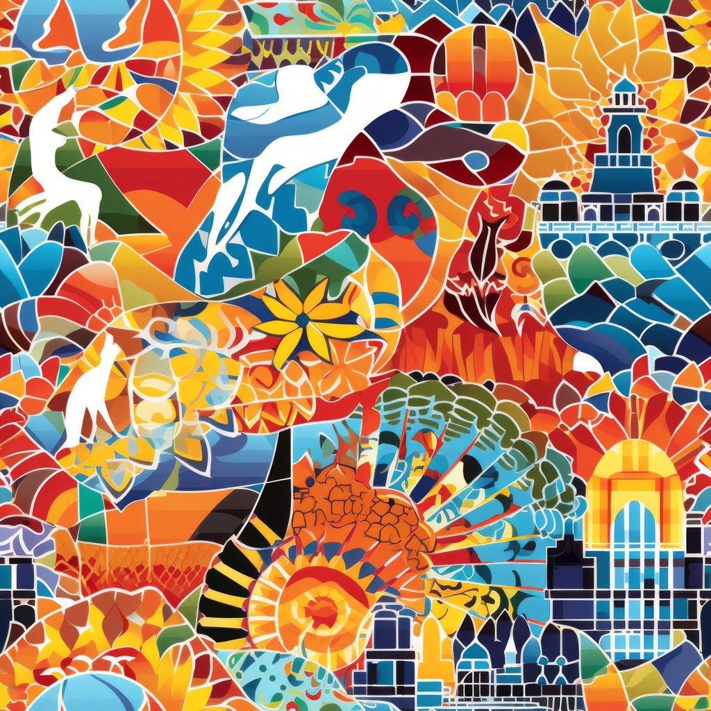 mosaic art, stained glass, vibrant colors, orange, blue, yellow, red, green, geometric patterns, abstract design, kaleidoscope effect, colorful fragments, artistic composition,, fabric panel, bright hues, tessellated shapes, contemporary art, rainbow spectrum, patchwork style