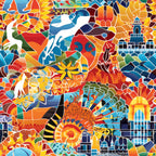 mosaic art, stained glass, vibrant colors, orange, blue, yellow, red, green, geometric patterns, abstract design, kaleidoscope effect, colorful fragments, artistic composition,, fabric panel, bright hues, tessellated shapes, contemporary art, rainbow spectrum, patchwork style