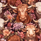 highland cows, cattle faces, floral pattern, pink flowers, coral blooms, purple petals, orange blossoms, botanical design, farm animals, cow portraits,, fabric panel, pastoral theme, country style, warm tones, detailed illustration, repeating pattern, horned cattle, rustic charm, nature motifs