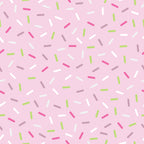 pink background, rainbow sprinkles, colorful sprinkles, green sprinkles, white sprinkles, purple sprinkles, magenta sprinkles, scattered pattern, candy sprinkles, dessert theme, sweet treats, bakery pattern, fun design, playful mood,, fabric panel, birthday theme, celebration pattern, confetti style, whimsical design