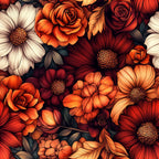 burnt orange, deep red, crimson, cream, white, floral, roses, daisies, botanical, nature, elegant, vintage, autumn, fall, warm tones, rich colors, garden flowers, detailed petals, layered florals, romantic, traditional, multi-colored florals, orange flowers, red flowers, decorative, ornate, home decor, sophisticated, vibrant, blooms