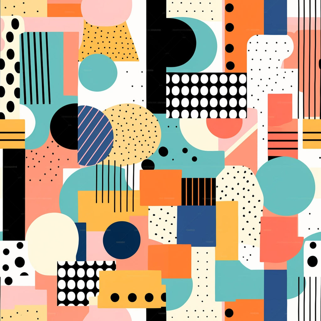 retro geometric, coral pink, turquoise blue, mustard yellow, navy blue, black and white, polka dots, stripes, abstract shapes, circles, rectangles, mid-century modern, groovy pattern, boho style, hippie aesthetic,, fabric panel, contemporary design, colorful patchwork, mod geometric