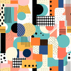 retro geometric, coral pink, turquoise blue, mustard yellow, navy blue, black and white, polka dots, stripes, abstract shapes, circles, rectangles, mid-century modern, groovy pattern, boho style, hippie aesthetic,, fabric panel, contemporary design, colorful patchwork, mod geometric