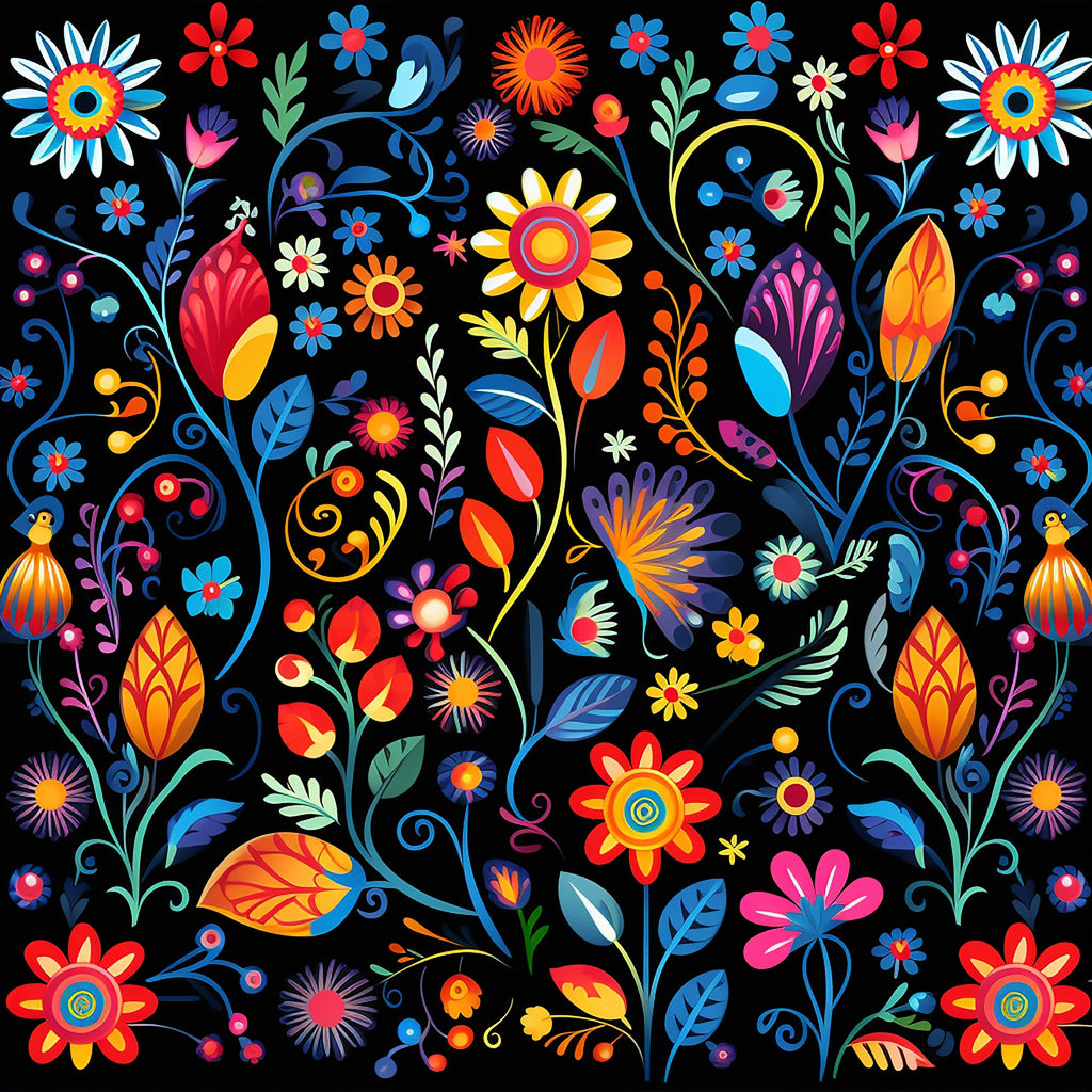 mexican floral, vibrant flowers, black background, red blooms, blue petals, yellow centers, orange leaves, purple florals, pink blossoms, decorative swirls, folk art style, botanical motifs, colorful paisley, festive pattern,, fabric panel, bright colors, whimsical design, floral fiesta, cheerful mood