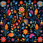 mexican floral, vibrant flowers, black background, red blooms, blue petals, yellow centers, orange leaves, purple florals, pink blossoms, decorative swirls, folk art style, botanical motifs, colorful paisley, festive pattern,, fabric panel, bright colors, whimsical design, floral fiesta, cheerful mood
