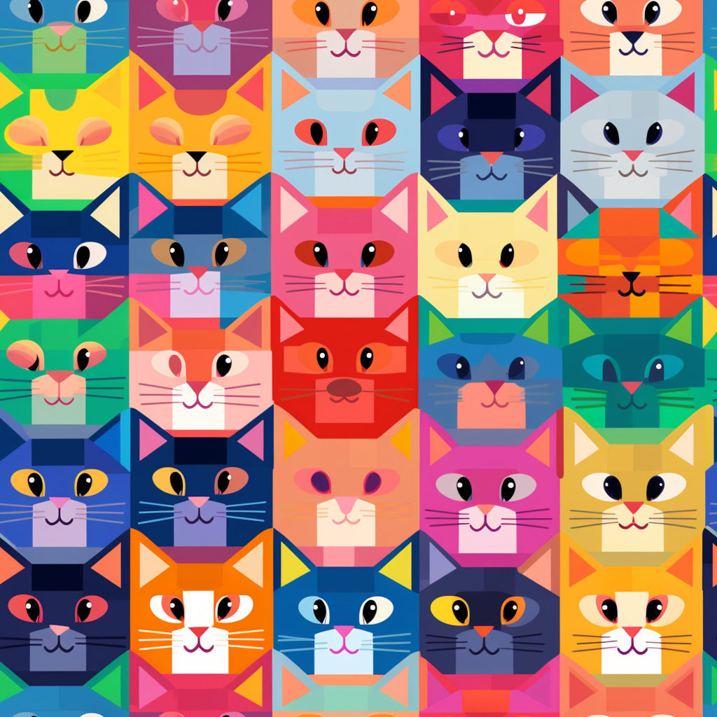 cat faces, geometric cats, patchwork squares,, fabric panel, colorful cats, blue, orange, pink, yellow, green, purple, red, modern art style, abstract cats, kitten faces, bright colors, contemporary design, animal motifs, block pattern