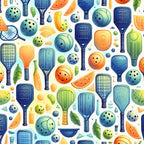 watercolor, pickleball, paddles, balls, sports equipment, blue, orange, green, teal, yellow, geometric patterns, athletic theme, recreation,, fabric panel, scattered design, racquet sports, active lifestyle, hobby theme, contemporary art style