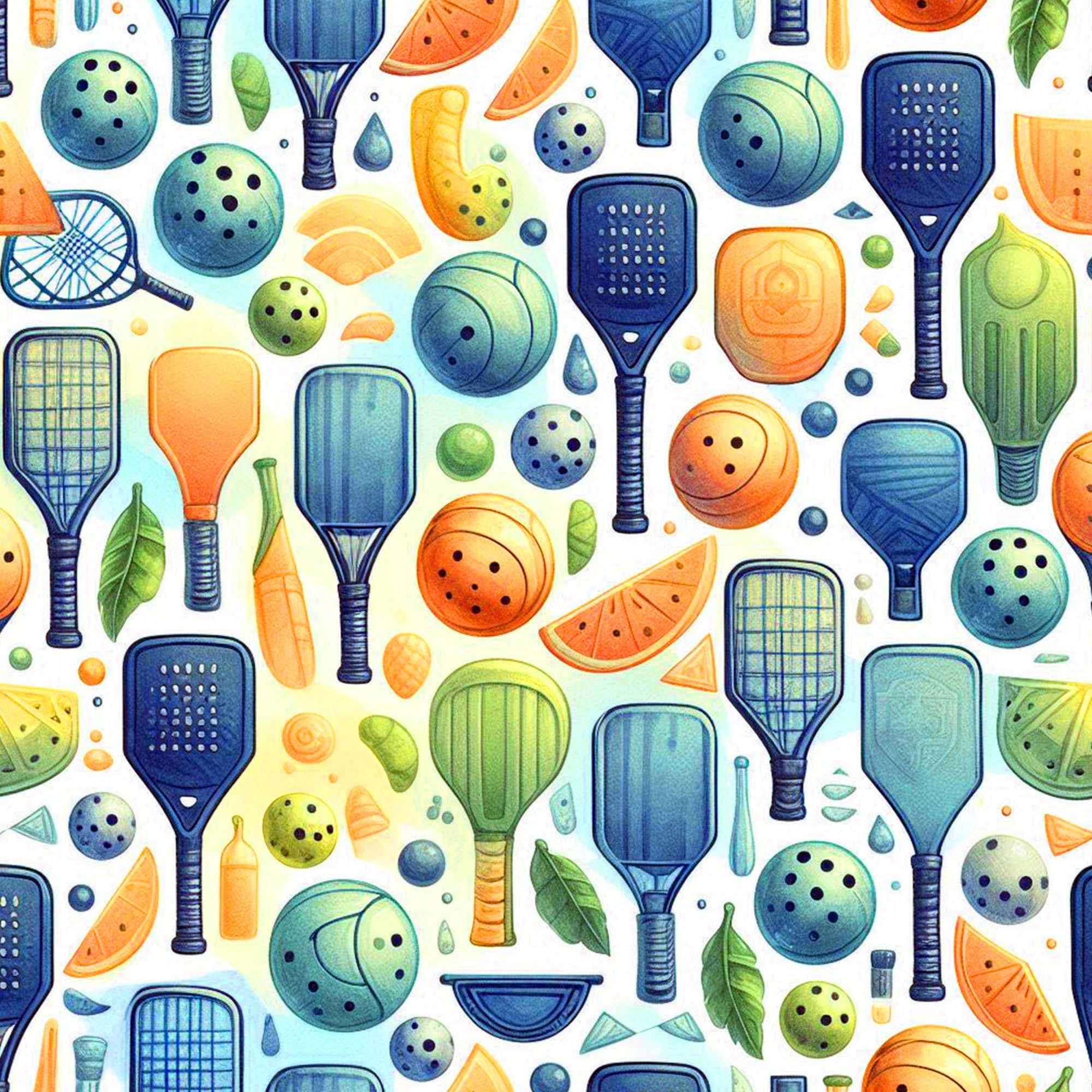 watercolor, pickleball, paddles, balls, sports equipment, blue, orange, green, teal, yellow, geometric patterns, athletic theme, recreation,, fabric panel, scattered design, racquet sports, active lifestyle, hobby theme, contemporary art style