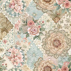 dusty rose, sage green, cream, beige, floral motifs, roses, peonies, vintage lace, doilies, patchwork squares, botanical leaves, layered flowers, soft pastels, romantic style,, fabric panel, spring theme, shabby chic, delicate patterns, ornate frames