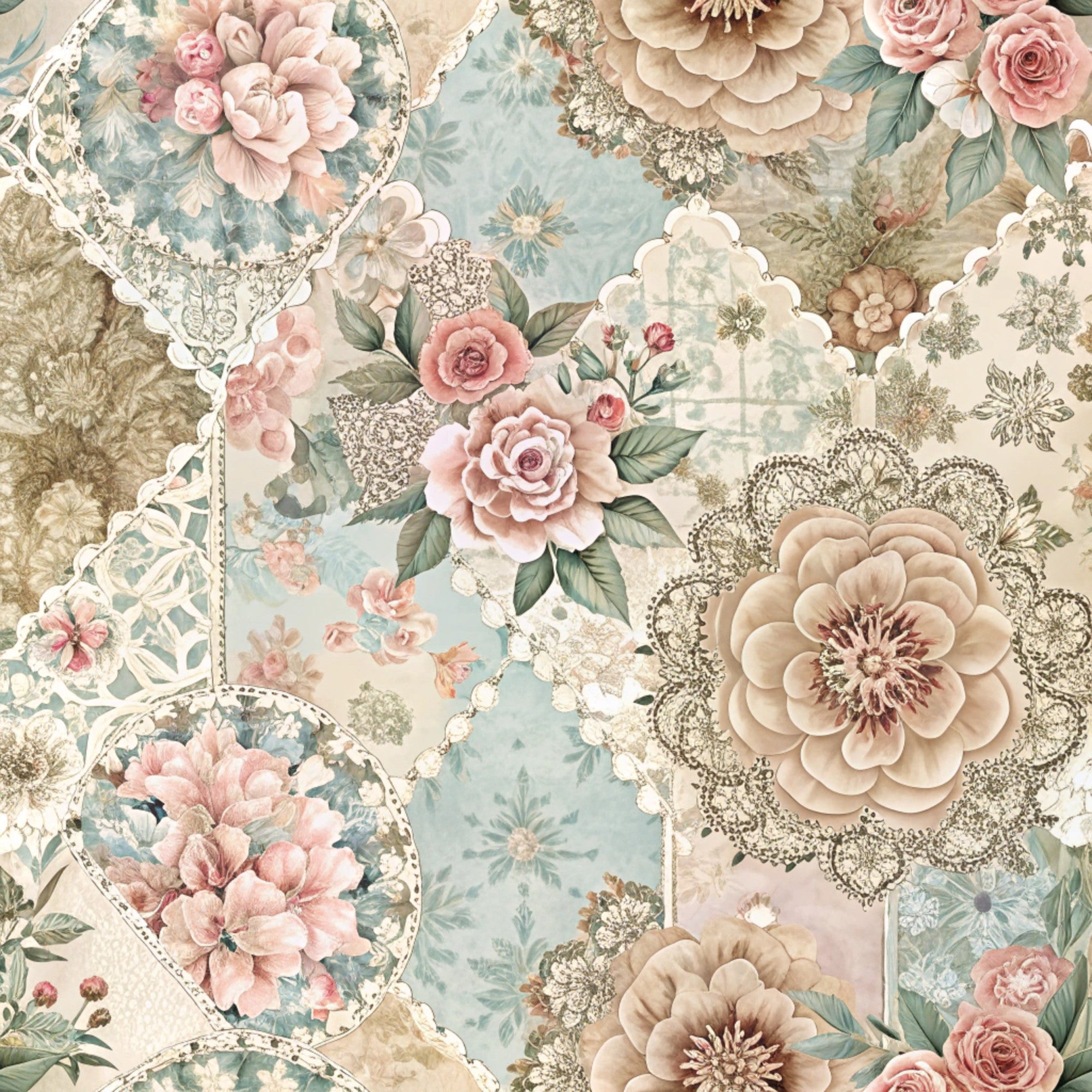 dusty rose, sage green, cream, beige, floral motifs, roses, peonies, vintage lace, doilies, patchwork squares, botanical leaves, layered flowers, soft pastels, romantic style,, fabric panel, spring theme, shabby chic, delicate patterns, ornate frames