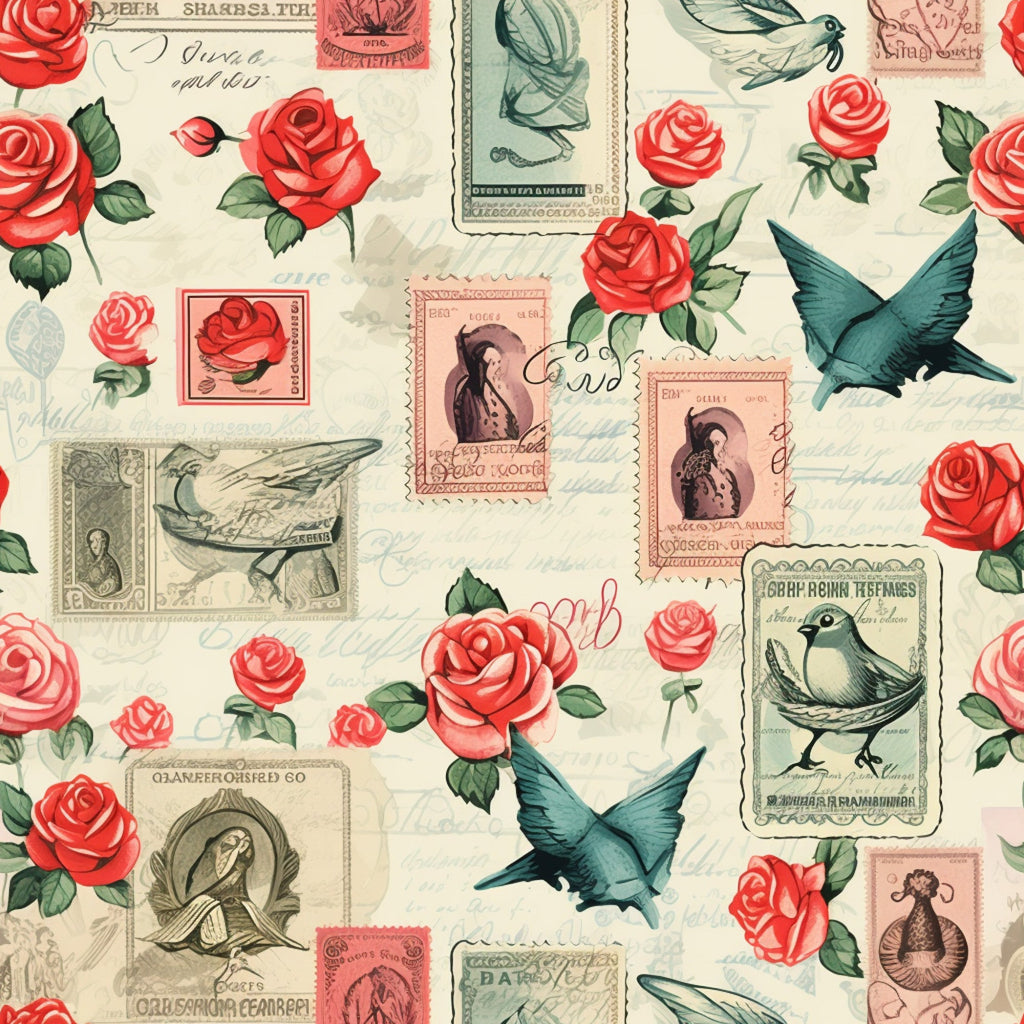 vintage stamps, red roses, coral pink, teal blue, cream background, swallows, birds, floral motifs, postal theme, romantic imagery,, fabric panel, nostalgic pattern, postage stamps, flying birds, rose blooms, green leaves, antique style, love theme, cotton fabric