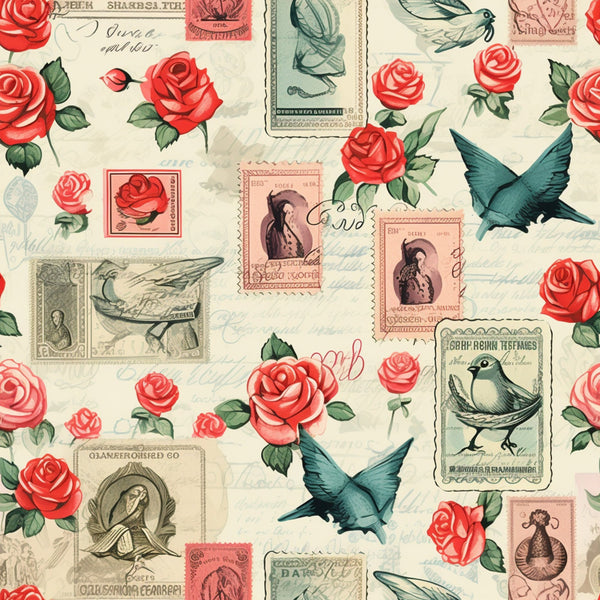 vintage stamps, red roses, coral pink, teal blue, cream background, swallows, birds, floral motifs, postal theme, romantic imagery,, fabric panel, nostalgic pattern, postage stamps, flying birds, rose blooms, green leaves, antique style, love theme, cotton fabric