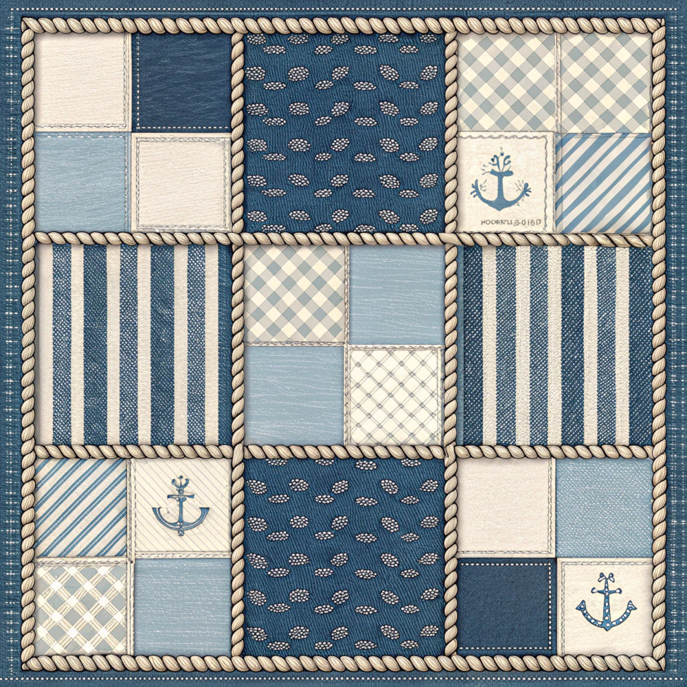 navy blue, cream, light blue, gray blue, striped, geometric, diamond pattern, checkered, nautical, anchor, clouds, patchwork, quilt, coastal, seaside, maritime, traditional, classic, boys room, nursery, baby shower, kids room, ocean theme, sailing theme, beach theme, summer, preppy, cute anchors, decorative blocks