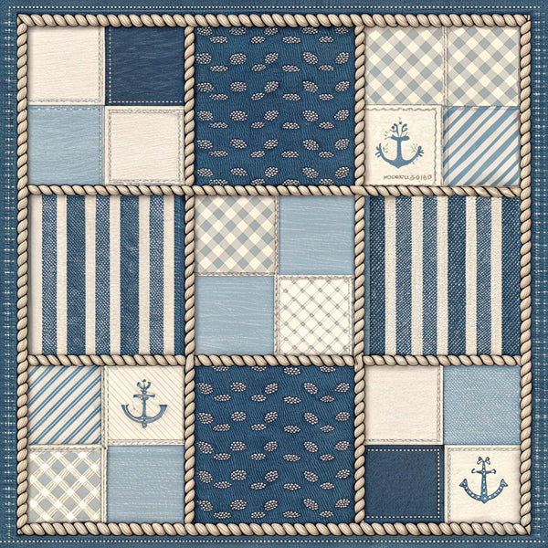 navy blue, cream, light blue, gray blue, striped, geometric, diamond pattern, checkered, nautical, anchor, clouds, patchwork, quilt, coastal, seaside, maritime, traditional, classic, boys room, nursery, baby shower, kids room, ocean theme, sailing theme, beach theme, summer, preppy, cute anchors, decorative blocks