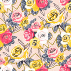 floral, roses, yellow roses, hot pink roses, pale pink roses, white roses, gold glitter, navy blue leaves, botanical, spring, summer, whimsical, modern floral, elegant, feminine, vibrant, colorful, garden theme, nature inspired, bright yellow, hot pink, soft pink, blush background, gold accents, multi-color floral, romantic, cheerful, playful