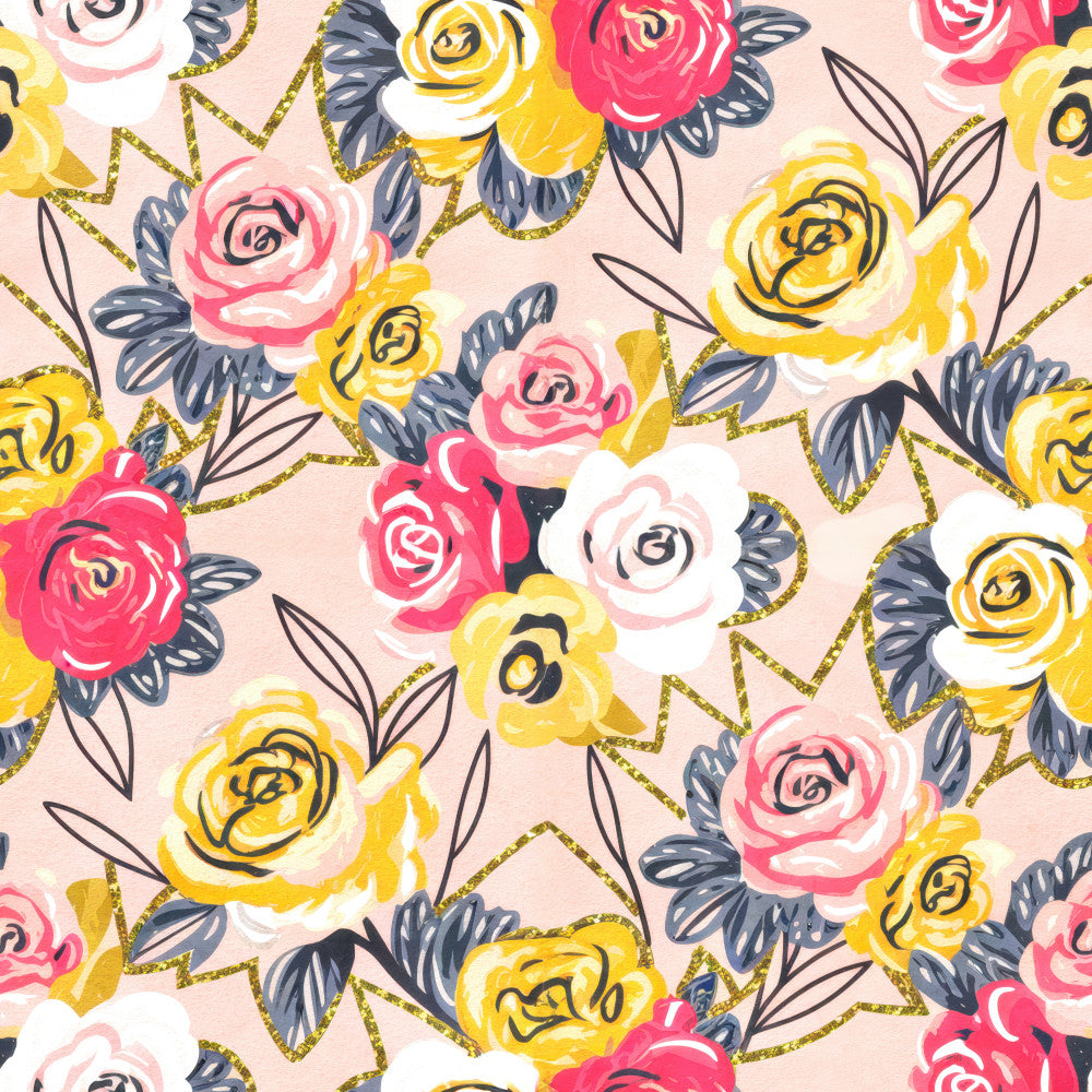 floral, roses, yellow roses, hot pink roses, pale pink roses, white roses, gold glitter, navy blue leaves, botanical, spring, summer, whimsical, modern floral, elegant, feminine, vibrant, colorful, garden theme, nature inspired, bright yellow, hot pink, soft pink, blush background, gold accents, multi-color floral, romantic, cheerful, playful