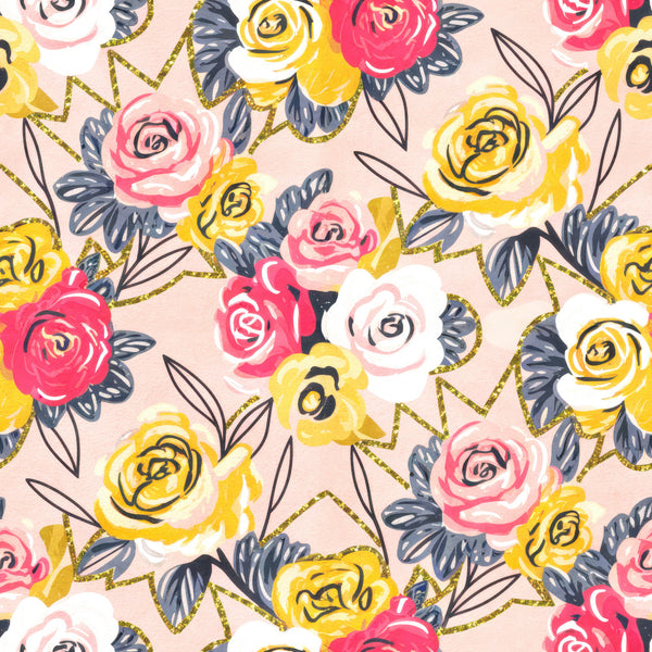 floral, roses, yellow roses, hot pink roses, pale pink roses, white roses, gold glitter, navy blue leaves, botanical, spring, summer, whimsical, modern floral, elegant, feminine, vibrant, colorful, garden theme, nature inspired, bright yellow, hot pink, soft pink, blush background, gold accents, multi-color floral, romantic, cheerful, playful