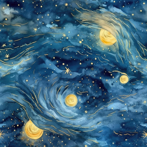 navy blue, golden yellow, swirling patterns, starry sky, celestial motif, night scene, astronomical design, deep blue, bright stars, spiral galaxies, cosmic swirls, van gogh inspired, impressionistic style, dreamy atmosphere,, fabric panel, celestial bodies, flowing movement, luminous accents, mystical mood
