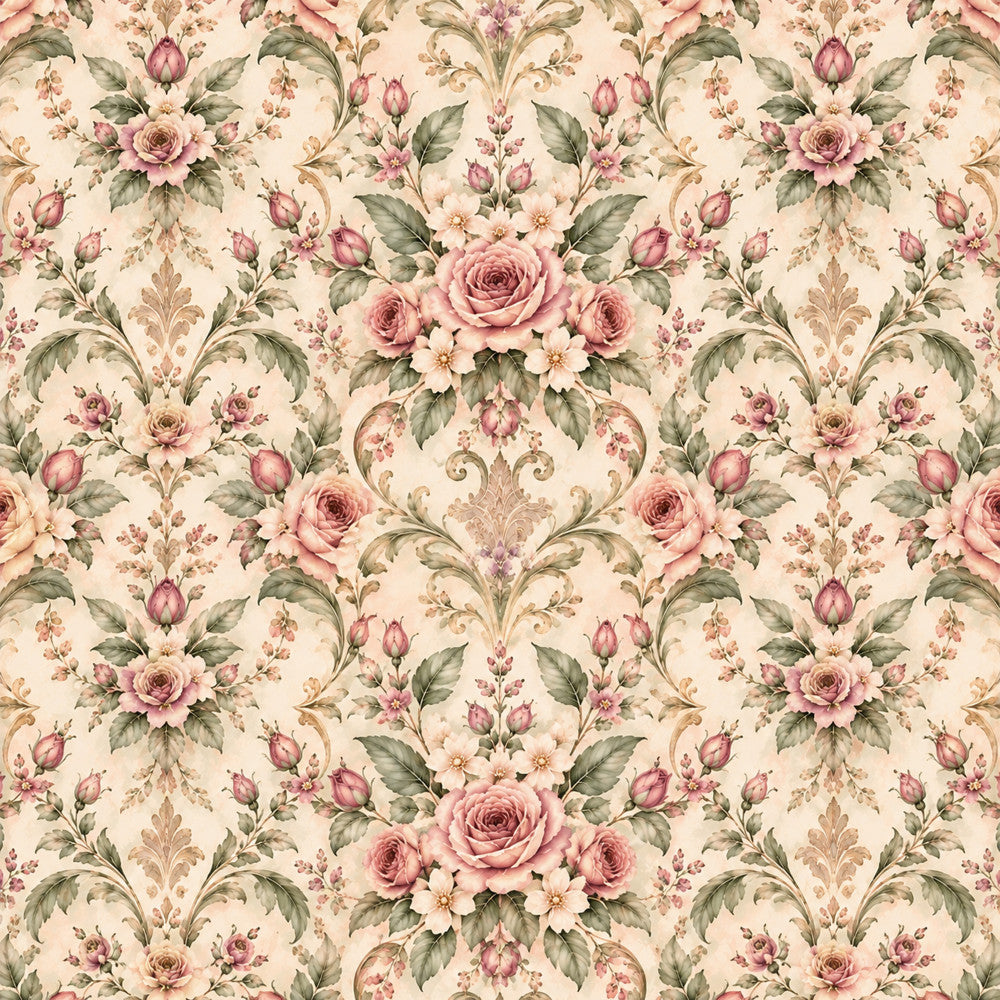 dusty rose, blush pink, sage green, cream, beige, tan, mauve, vintage floral, damask, rose, buds, leaves, botanical, romantic, elegant, traditional, victorian, cottage core, spring, garden, nature, feminine, classic, timeless, heirloom, ornamental scrolls, flourishes, small florals
