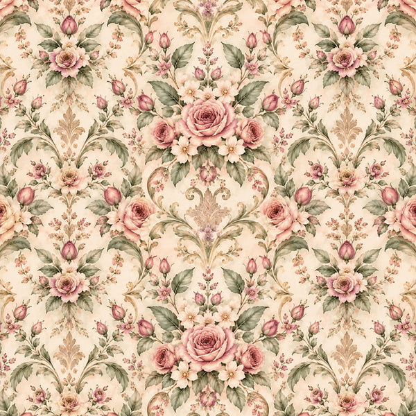 dusty rose, blush pink, sage green, cream, beige, tan, mauve, vintage floral, damask, rose, buds, leaves, botanical, romantic, elegant, traditional, victorian, cottage core, spring, garden, nature, feminine, classic, timeless, heirloom, ornamental scrolls, flourishes, small florals