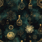 dark teal, forest green, gold, golden yellow, celestial, mystical, occult, alchemy, potion bottles, stars, moons, geometric shapes, mandala, intricate, elegant, vintage, gothic, witchy, magical, spell, dark academia, constellation, esoteric, alternative, bohemian, enchanted, mysterious, steampunk, ornate
