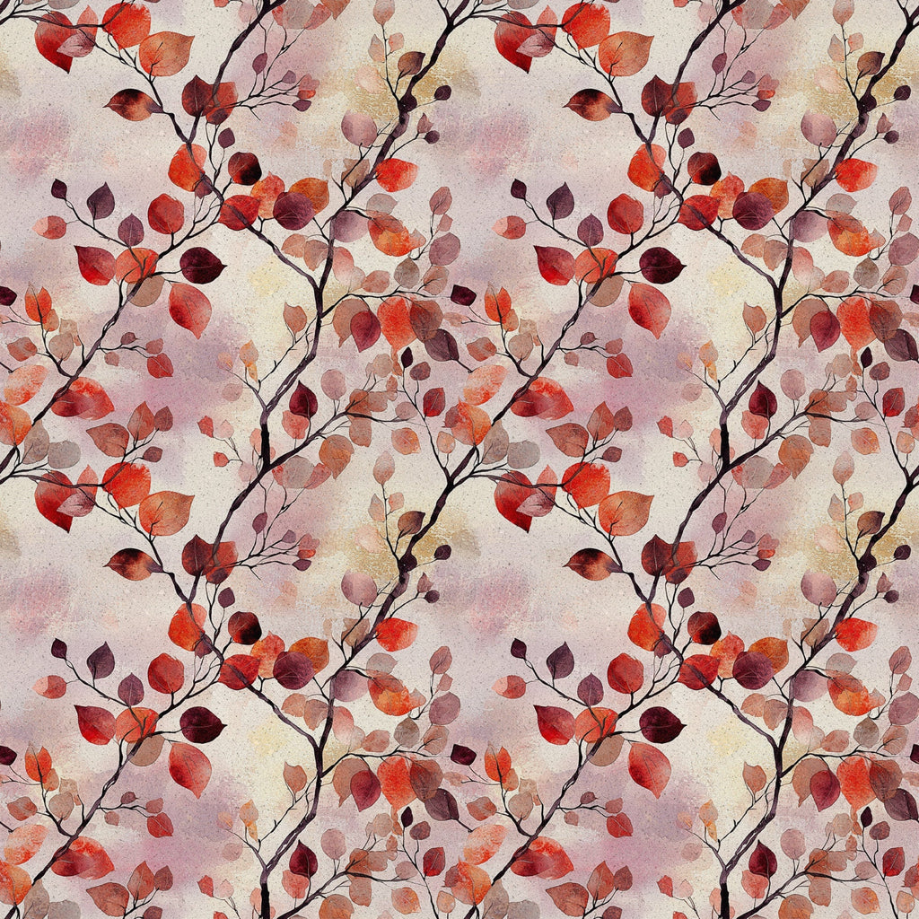 red, orange, burgundy, coral, autumn leaves, watercolor style, botanical pattern, branch motif, fall foliage,, fabric panel, seasonal design, warm tones, nature inspired, repeating pattern, artistic watercolor, autumn theme, leaf branches, organic shapes, textile design