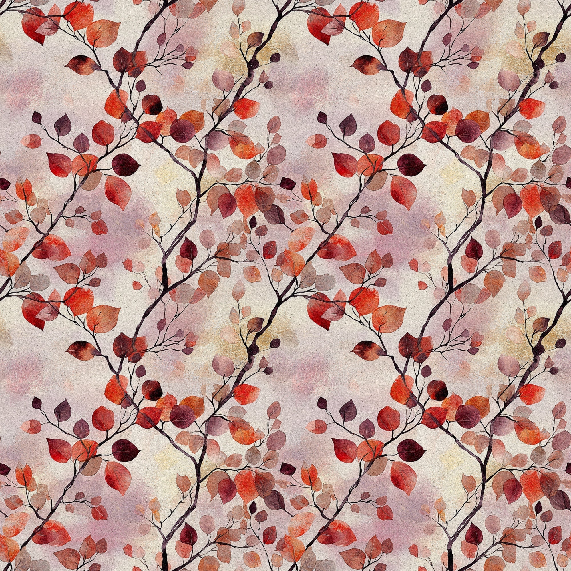 red, orange, burgundy, coral, autumn leaves, watercolor style, botanical pattern, branch motif, fall foliage,, fabric panel, seasonal design, warm tones, nature inspired, repeating pattern, artistic watercolor, autumn theme, leaf branches, organic shapes, textile design