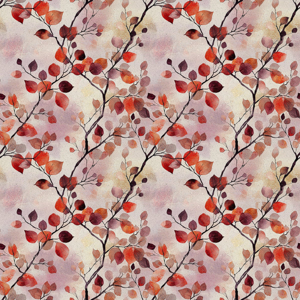 red, orange, burgundy, coral, autumn leaves, watercolor style, botanical pattern, branch motif, fall foliage,, fabric panel, seasonal design, warm tones, nature inspired, repeating pattern, artistic watercolor, autumn theme, leaf branches, organic shapes, textile design
