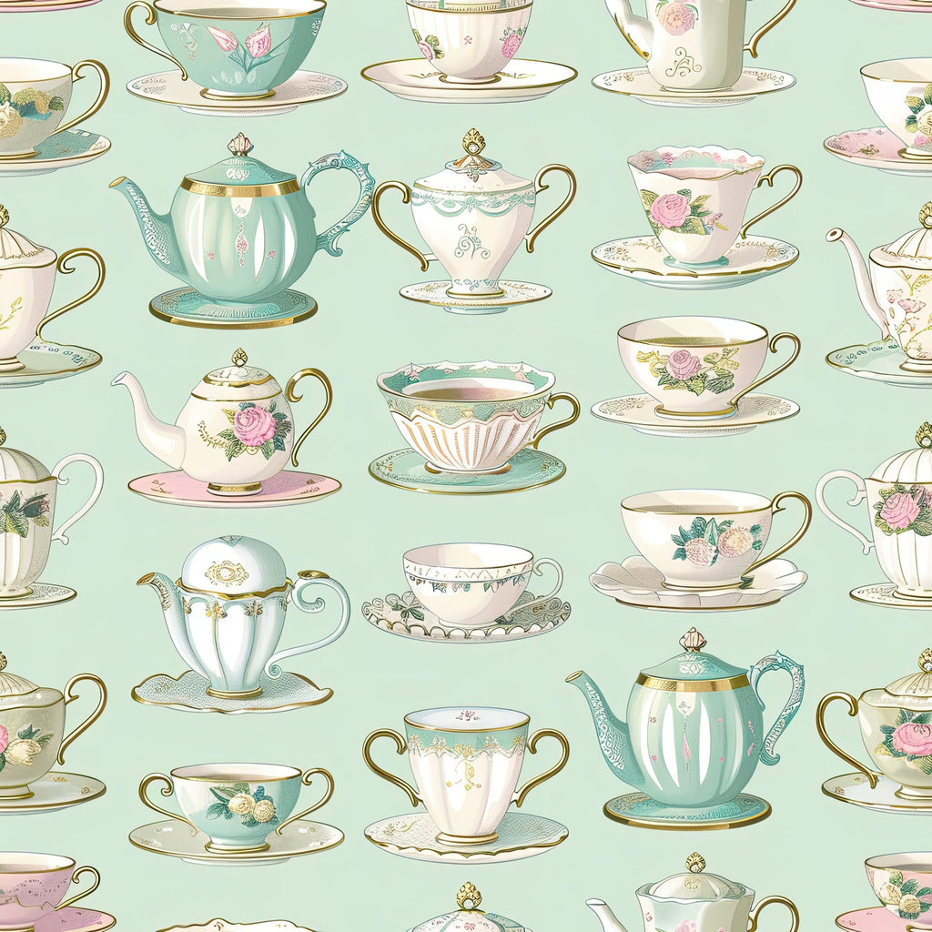 mint green, sage green, pink, cream, white, gold accents, teacups, teapots, saucers, floral motifs, roses, vintage china, tea party, repeating pattern, whimsical, elegant, feminine,, fabric panel, delicate details, pastoral, cottage style, seamless design