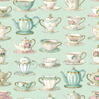 mint green, sage green, pink, cream, white, gold accents, teacups, teapots, saucers, floral motifs, roses, vintage china, tea party, repeating pattern, whimsical, elegant, feminine,, fabric panel, delicate details, pastoral, cottage style, seamless design